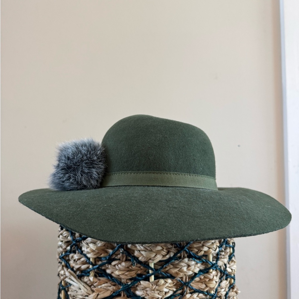 Anthropologie • Santelli Francesca Floppy Wool Hat Moss Green w/ Pompom